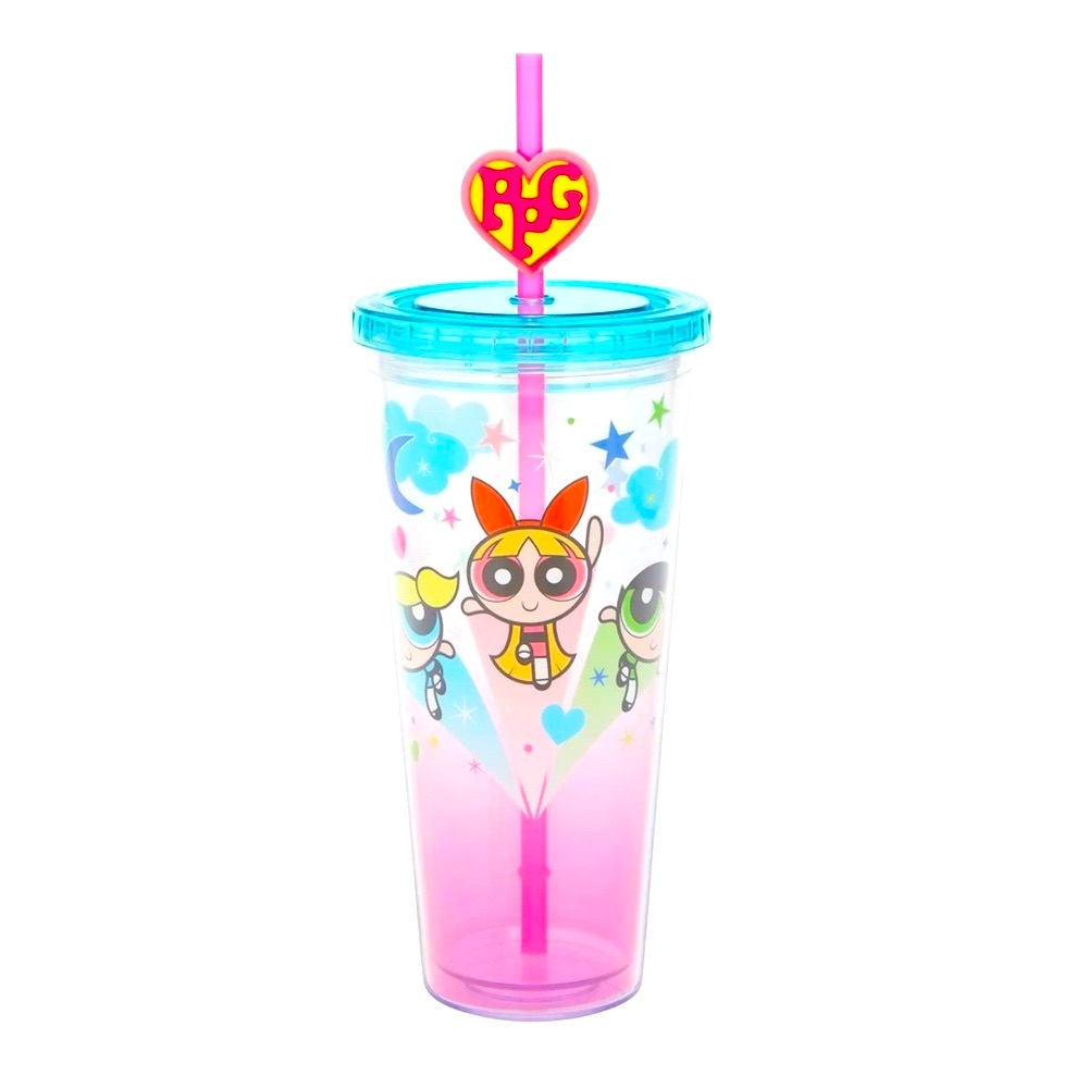 POWERPUFF GIRLS TRAVEL TUMBLER CUP HEART STRAW LID TOPPER CARTOON NETWORK 24OZ